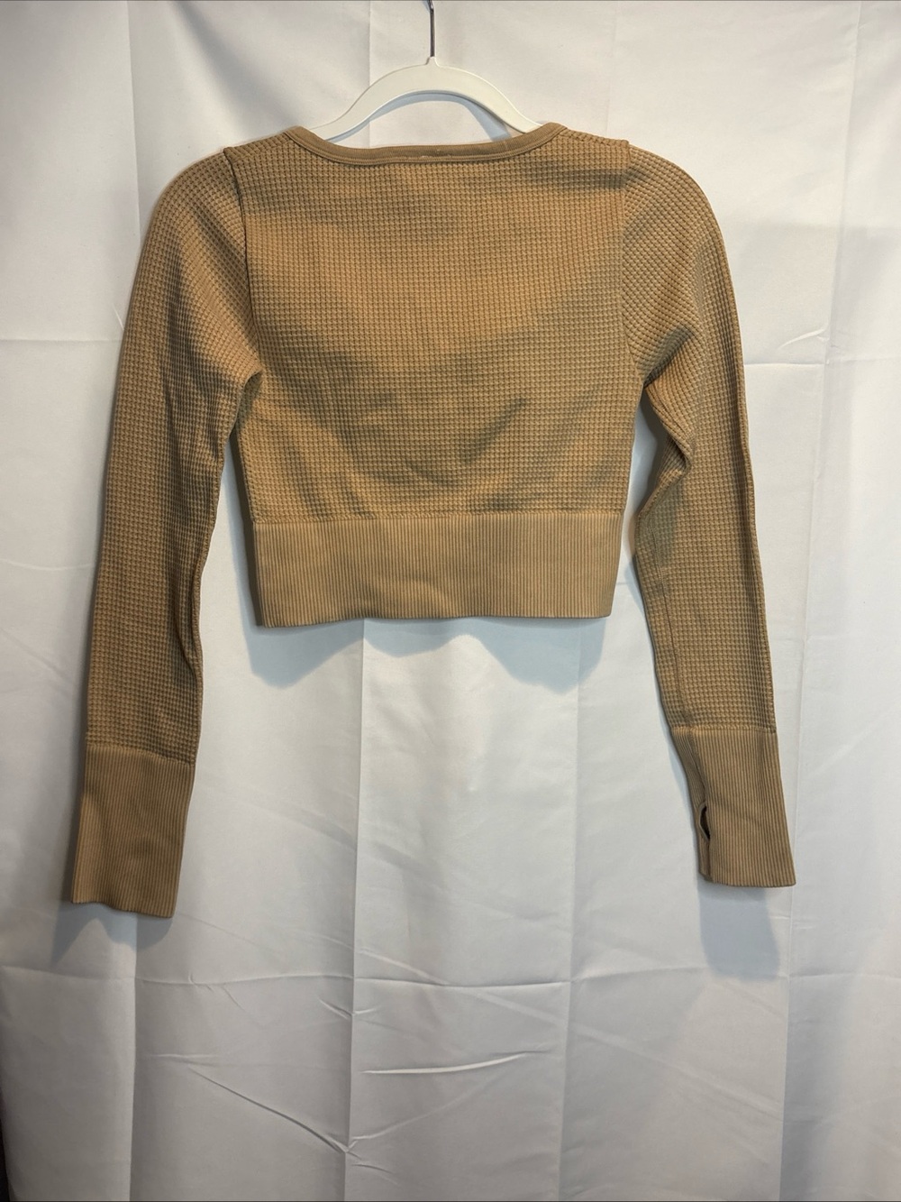 aerie Cropped Waffle Henley Top in Tan - Picture 5 of 5